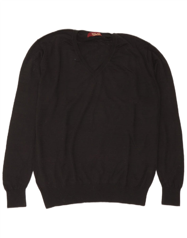 Zara Pull transparent à col en V pour homme XL en laine noire