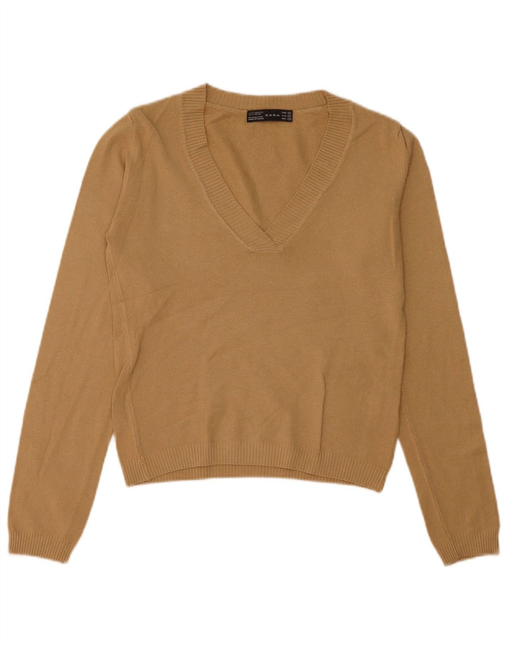 Zara Pull col V pour femme UK 12 Acrylique beige moyen