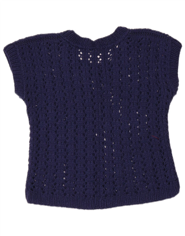 VINTAGE Femmes Crop Boat Neck Jumper Pull UK 12 Bleu Marine Moyen