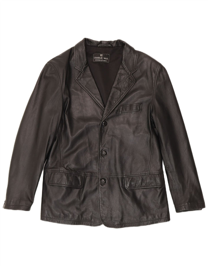 vintage Homme 3 Boutons Veste Blazer En Cuir IT 50 Grand Noir