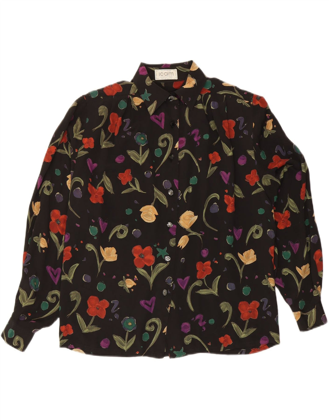 ICAM Chemisier Femme IT 46 Large Noir Floral Acétate