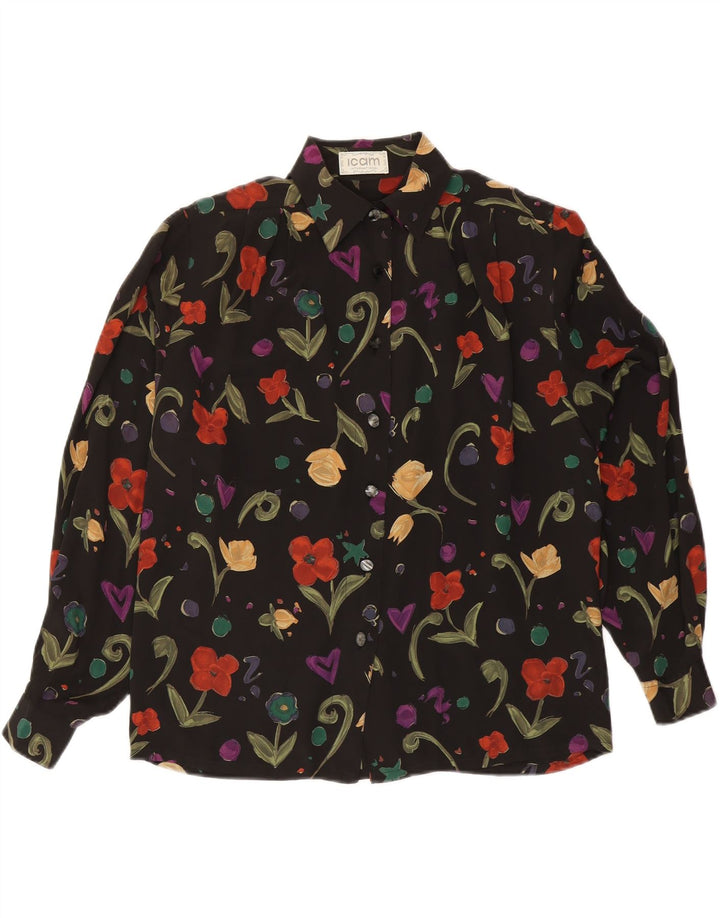 ICAM Chemisier Femme IT 46 Large Noir Floral Acétate