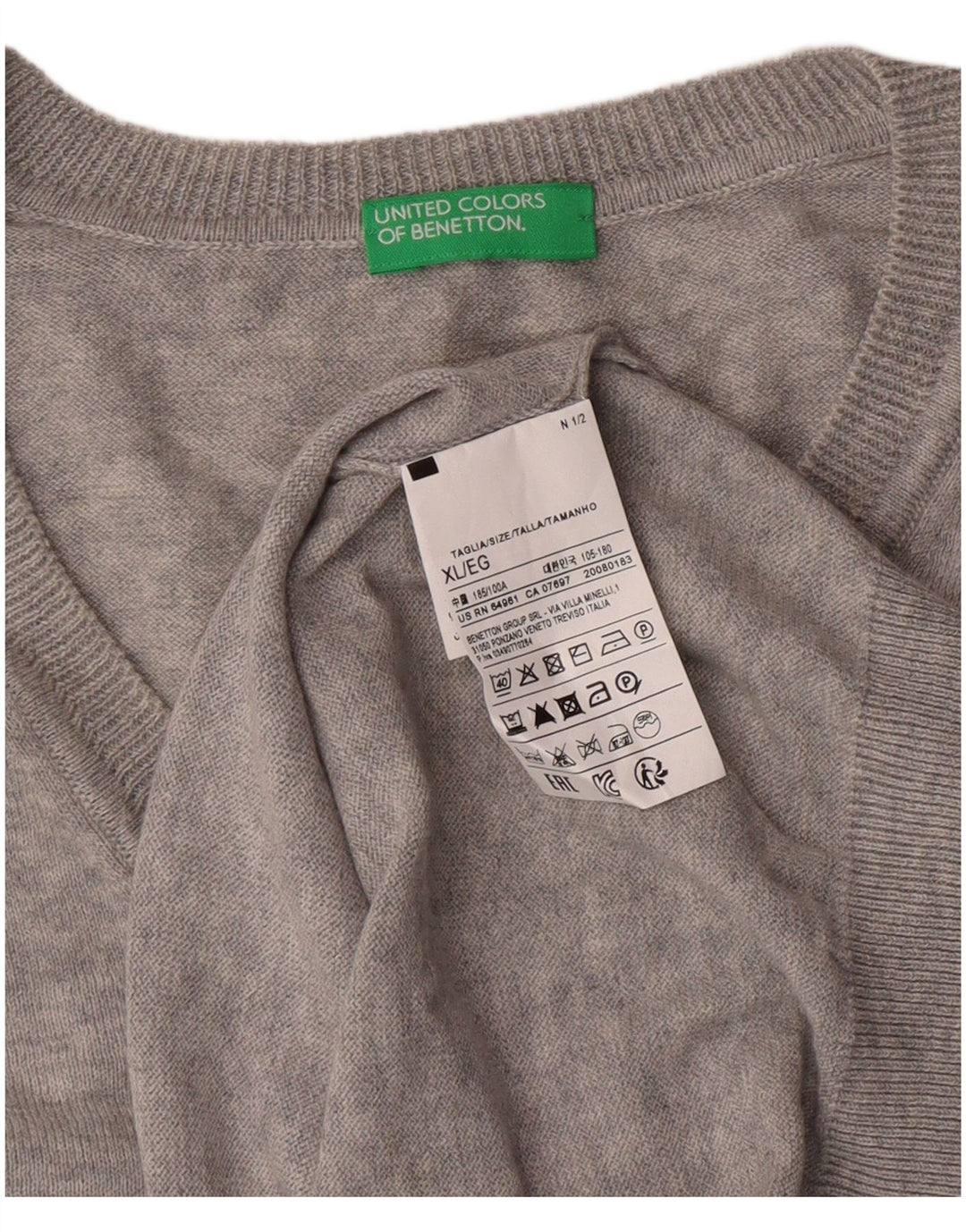 United Colors of Benetton Pull col V Homme XL Gris Coton Classique