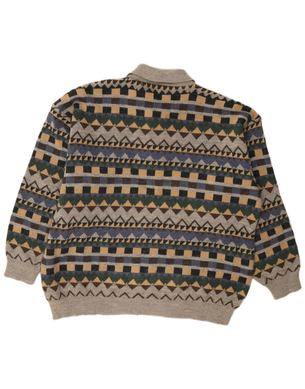 vintage Mens Polo Neck Jumper Sweater XL Gris Géométrique Acrylique