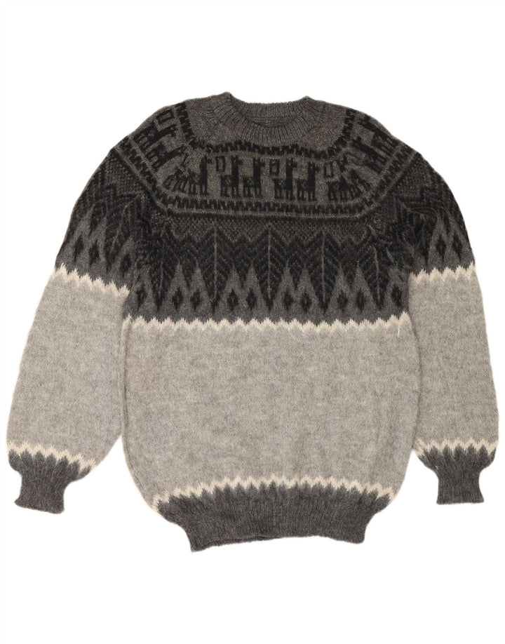 vintage Mens Crew Neck Jumper Pull Petit Gris Géométrique