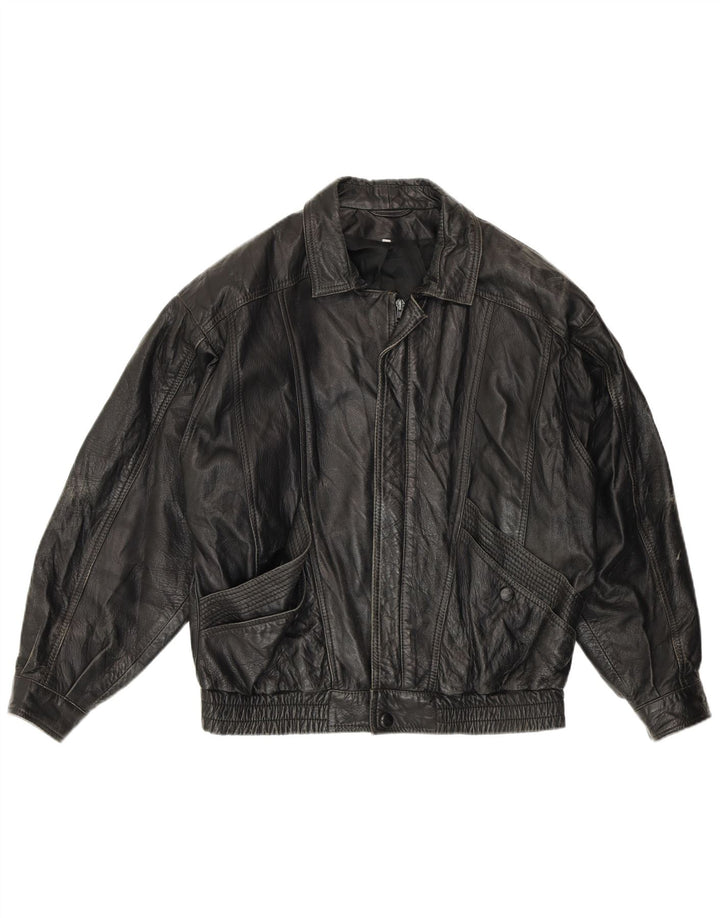 Veste Bomber En Cuir Homme Vintage IT 48 Cuir Noir Moyen
