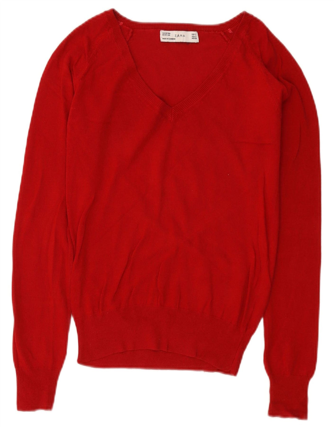 Zara Pull col en V pour femme UK 8 Petit coton rouge