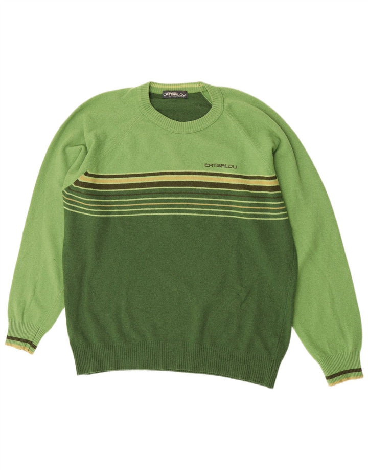Catbalou Pull à col rond pour homme en laine à rayures vertes