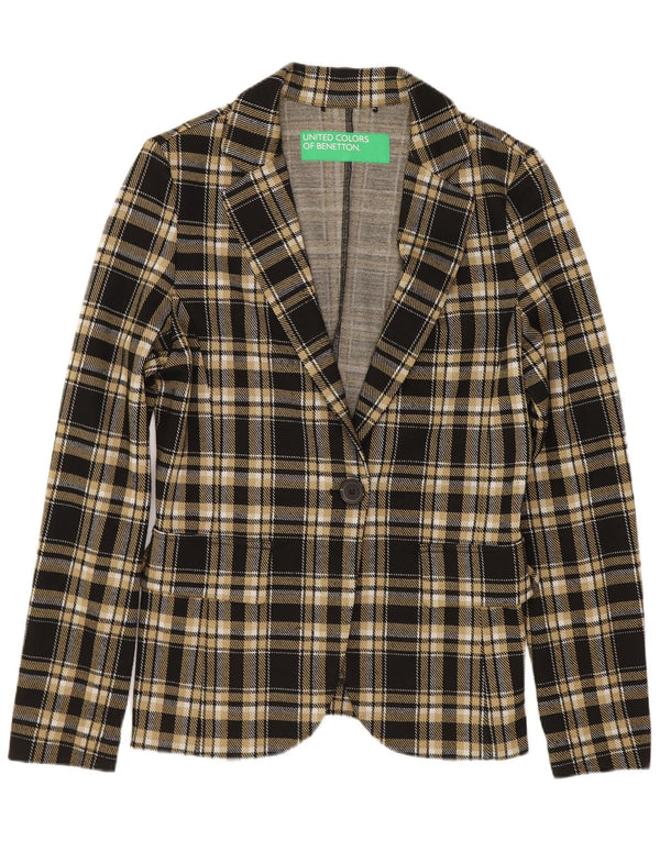Benetton Veste Blazer 1 Bouton Femme UK 10 Petit Carreau Noir Polyester