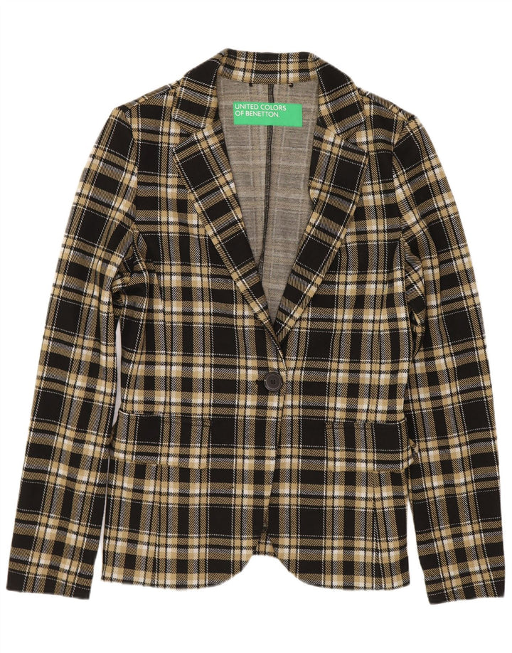 Benetton Veste Blazer 1 Bouton Femme UK 10 Petit Carreau Noir Polyester