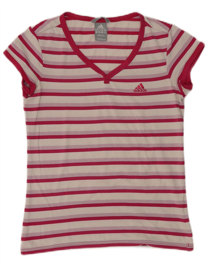 Adidas T-Shirt Femme Top UK 12 Rose Moyen Rayé