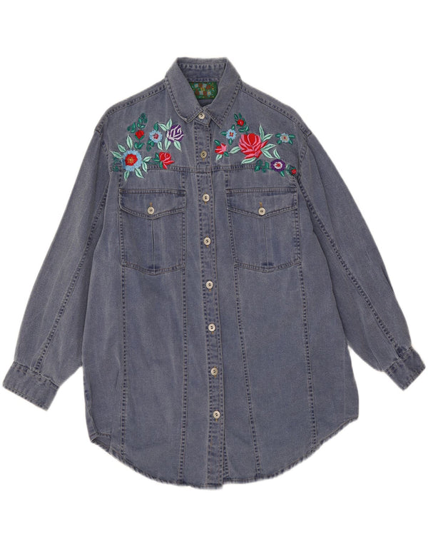 vintage Femme Graphique Manches Longues Denim Chemise UK 14 Grand Bleu Marine Floral
