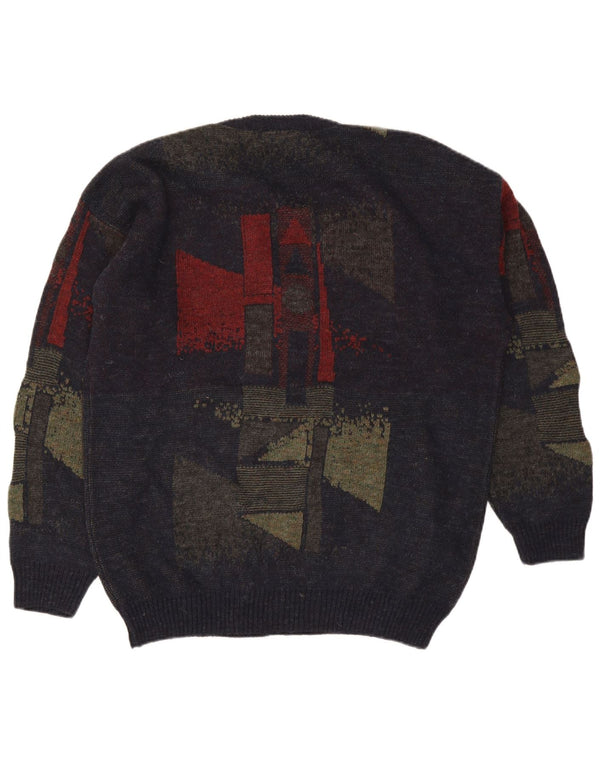 vintage Mens V-Col Jumper Pull XL Bleu Marine Géométrique Laine