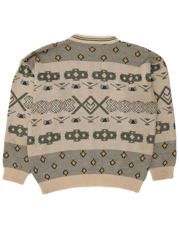 vintage Mens Crew Neck Jumper Pull Grand Blanc Cassé Colorblock Rétro