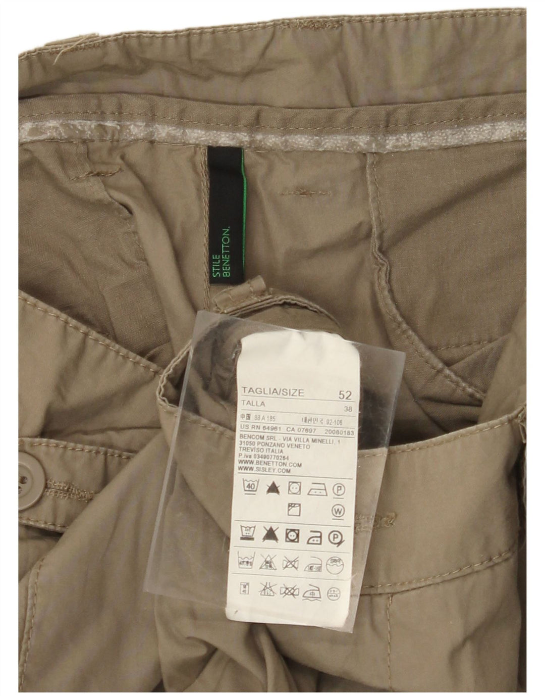 BENETTON Pantalon Cargo Droit Homme IT 52 XL W38 L34 Kaki Coton
