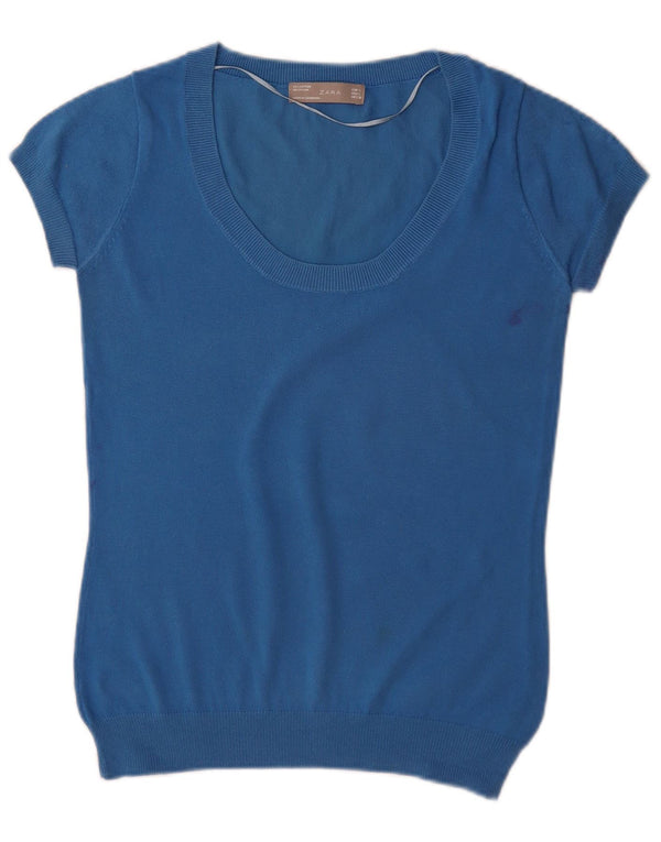 Zara Pull à manches courtes et col bateau pour femme UK 14 Large Bleu Coton