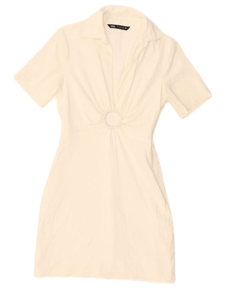 ZARA Robe fourreau à manches courtes pour femme UK 10 Small Off White Viscose
