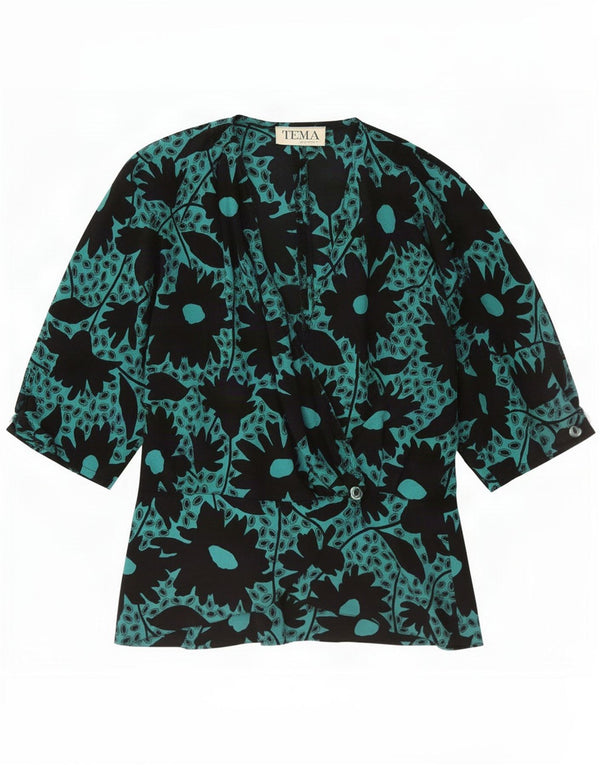 vintage Femmes 3/4 Manches Blouse Top UK 12 Moyen Vert Floral