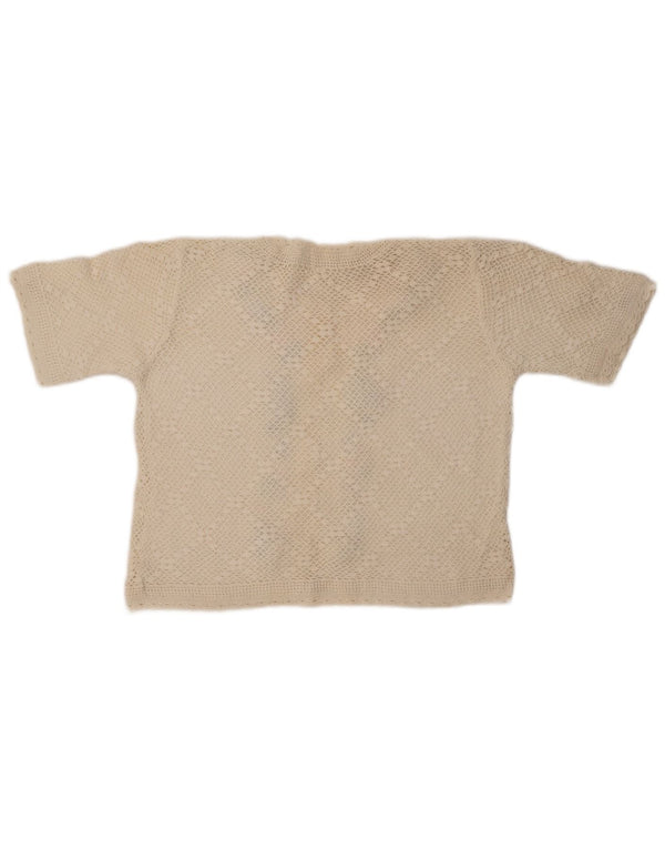 VINTAGE Femmes Manches Courtes Cardigan Pull UK 14 Moyen Off White Floral