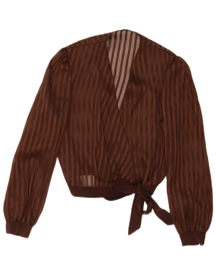 vintage Womens Crop Wrap Shirt Blouse UK 14 Moyen Brun Rayé