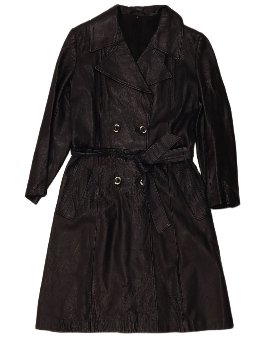 vintage Femmes Double Breasted Manteau en cuir UK 4 XS Noir