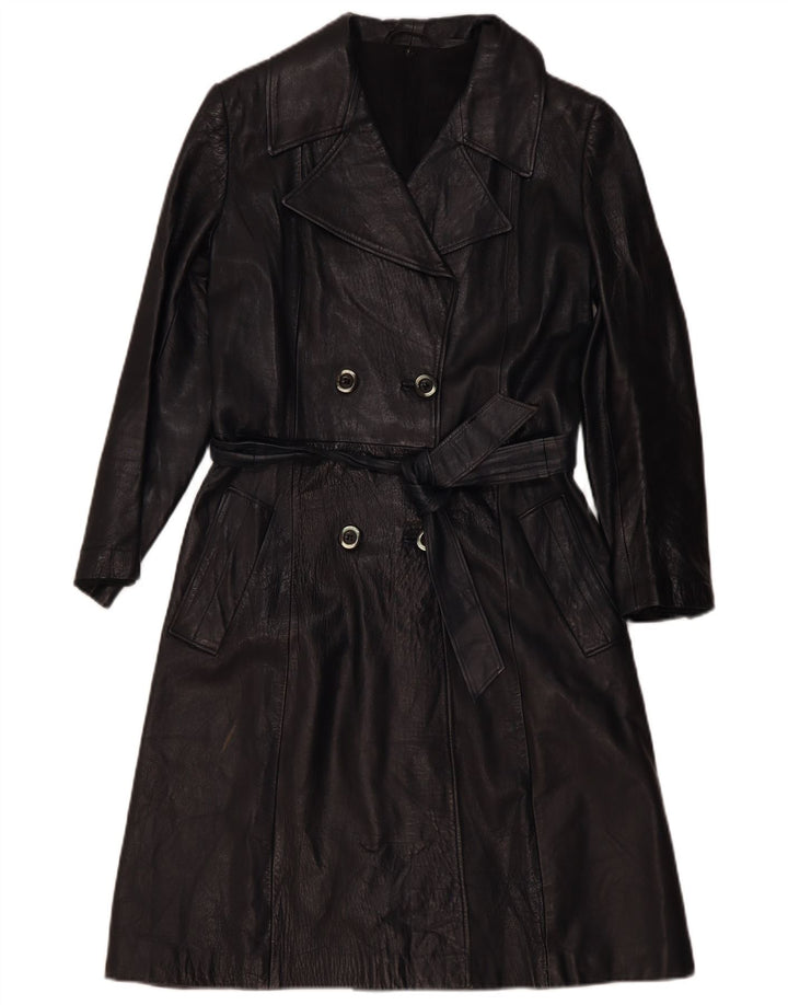 vintage Femmes Double Breasted Manteau en cuir UK 4 XS Noir