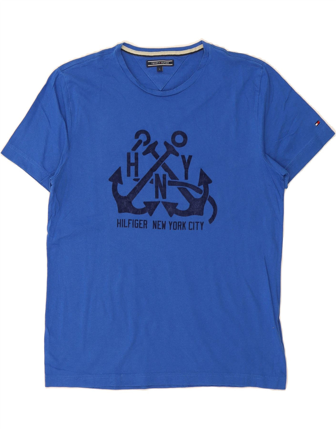 TOMMY HILFIGER Mens Graphic T-Shirt Top Large Blue Vintage Tommy Hilfiger and Second-Hand Tommy Hilfiger from Messina Hembry 