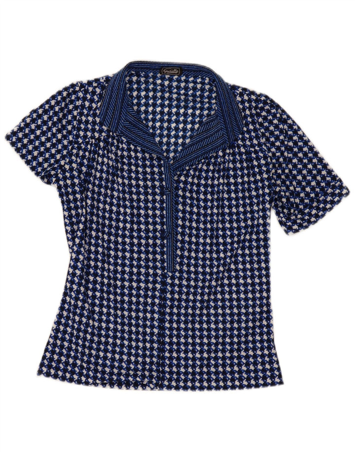 vintage Femme Blouse Top UK 10 Petit Pied-de-poule Bleu Marine