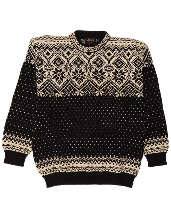 vintage Mens Crew Neck Jumper Pull 2XL Noir Fair Isle Laine Vierge