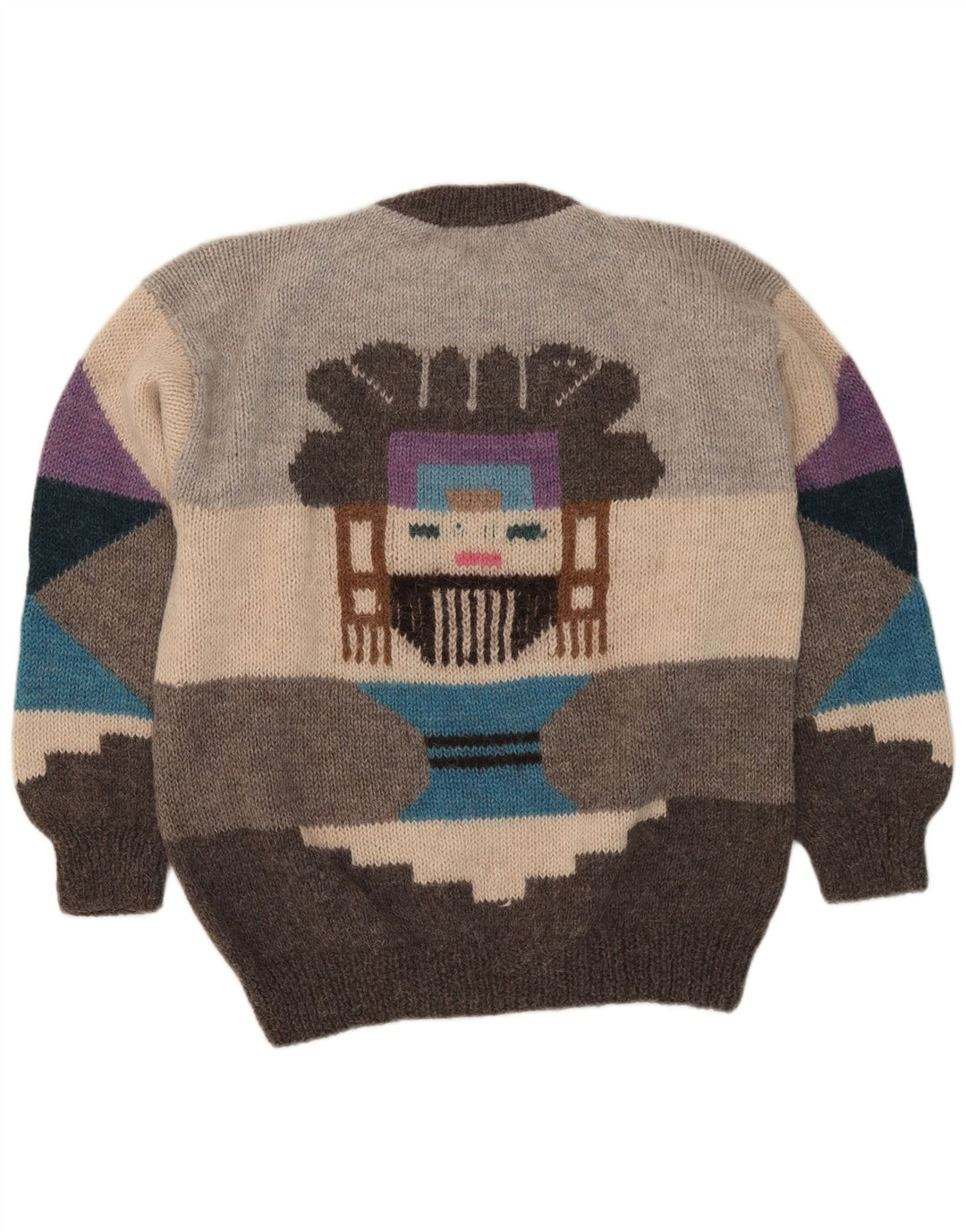 vintage Mens Graphic Crew Neck Jumper Pull Grand Gris Géométrique