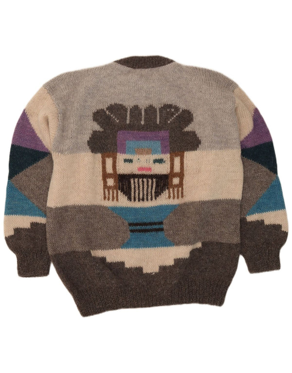 vintage Mens Graphic Crew Neck Jumper Pull Grand Gris Géométrique