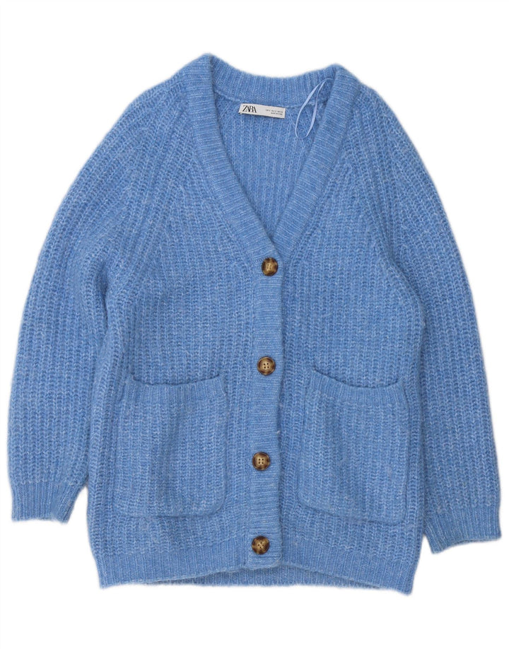 Zara Femme Cardigan Pull UK 10 Petit Bleu Moucheté Polyester
