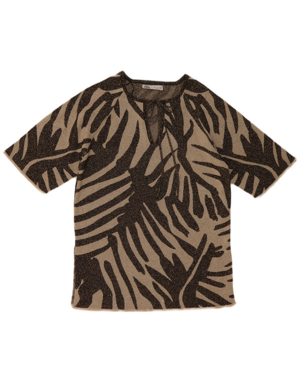 Zara Tunique surdimensionnée pour femme UK 10 Petite viscose à imprimé animal marron
