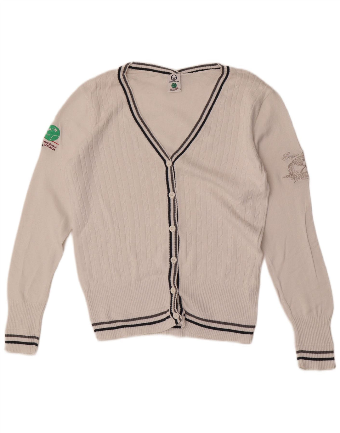 Sergio Tacchini Pull Cardigan Graphique Femme UK 12 Coton Blanc Moyen