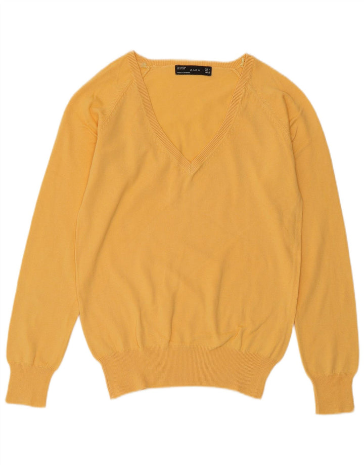 ZARA Pull col en V pour femme UK 14 Large Jaune Coton