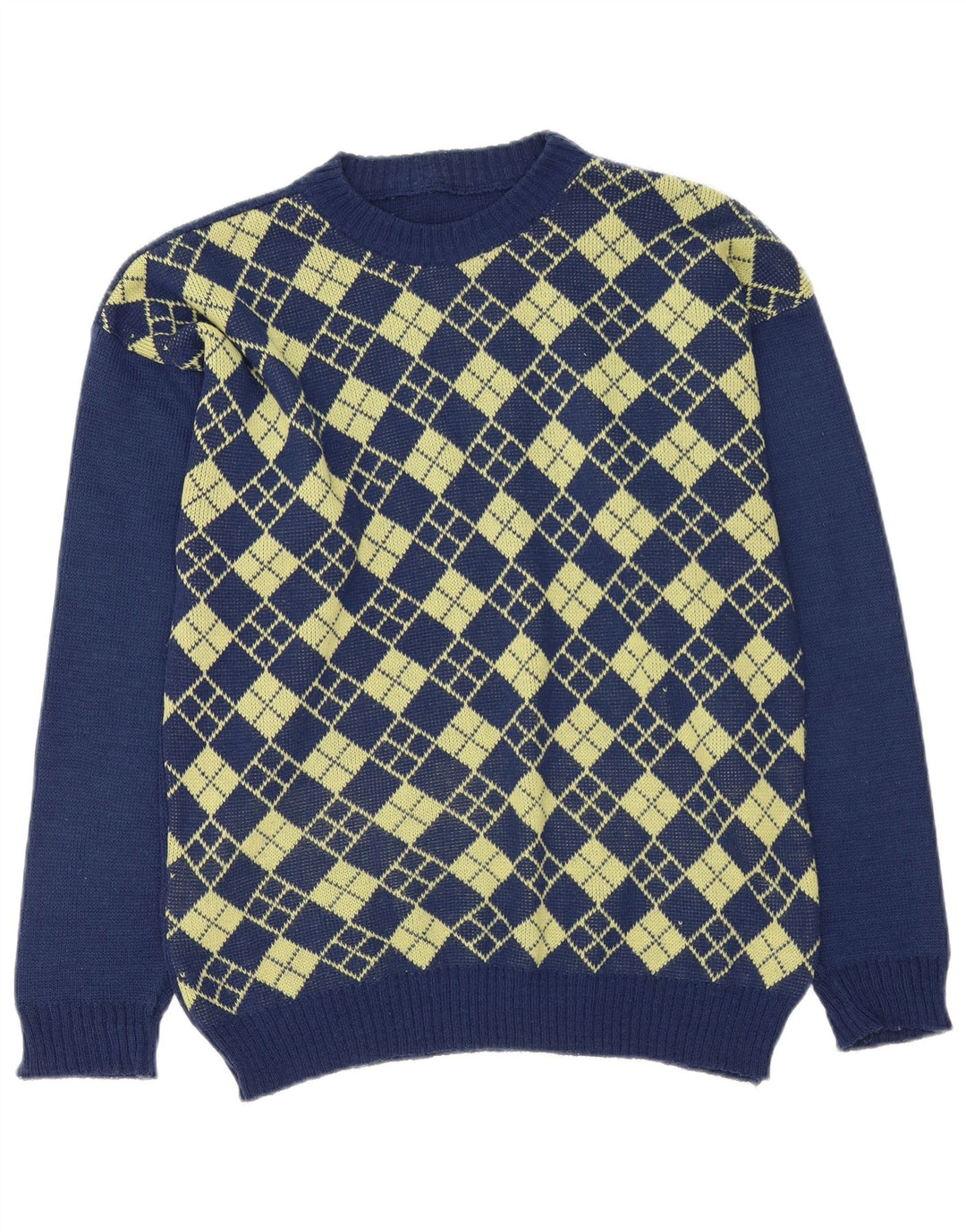 vintage Homme Col Bateau Pull Pull Moyen Bleu Marine Argyle/Diamant
