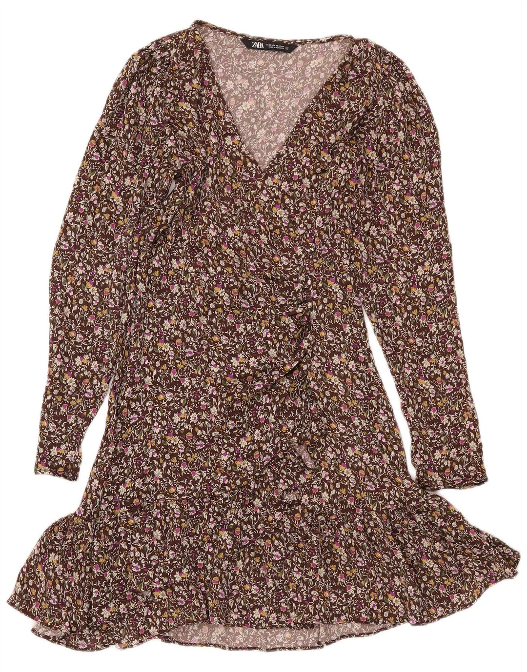 ZARA Robe portefeuille à manches longues pour femme UK 6 XS Marron Floral