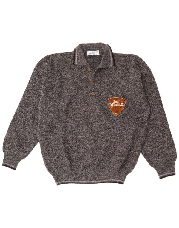 vintage Mens Polo Neck Jumper Pull Grand Gris Moucheté Acrylique