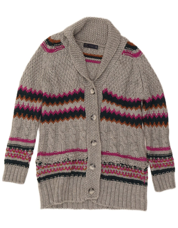 Zara Womens Longline Cardigan Sweater UK 16 Grand Gris Rayé Acrylique