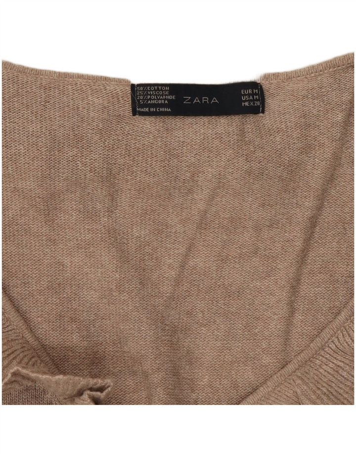 Zara Pull à col en V à volants sur le devant pour femme UK 12 Beige moyen moucheté
