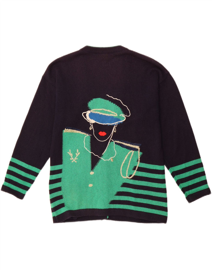 VINTAGE Womens Graphic Cardigan Sweater EU 40 Medium Navy Blue Striped Vintage Vintage and Second-Hand Vintage from Messina Hembry 