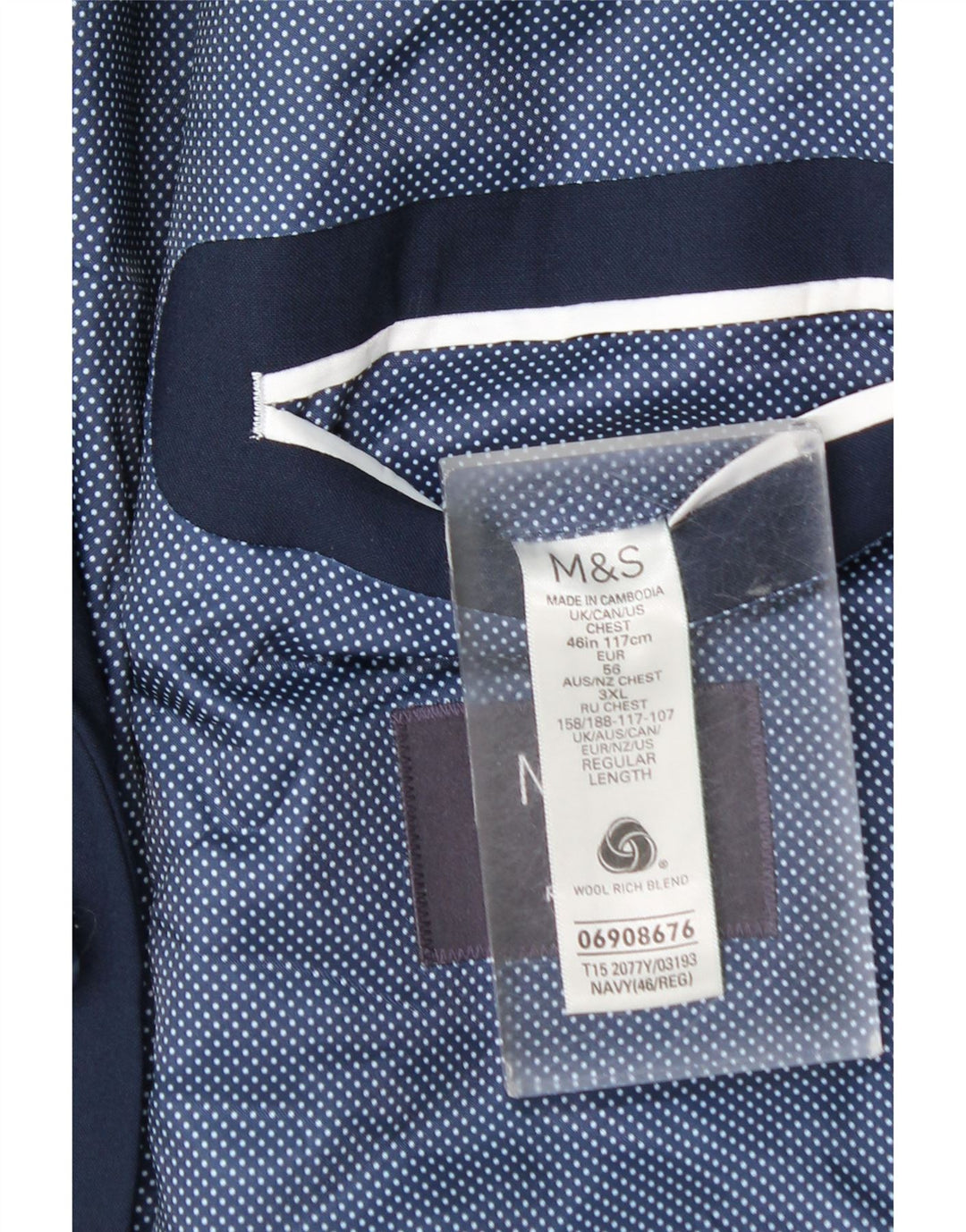 Marks & Spencer Veste Blazer 2 Boutons Homme EU 56 3XL Bleu Marine Laine