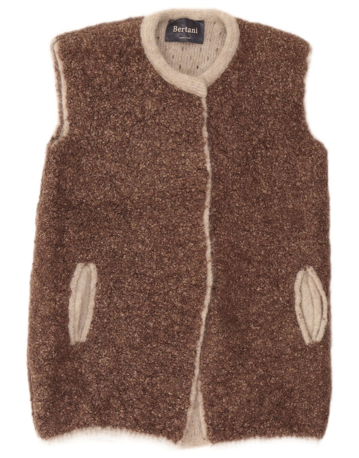 vintage Femmes Sans Manches Ouvert Cardigan Pull UK 14 Brun Moyen