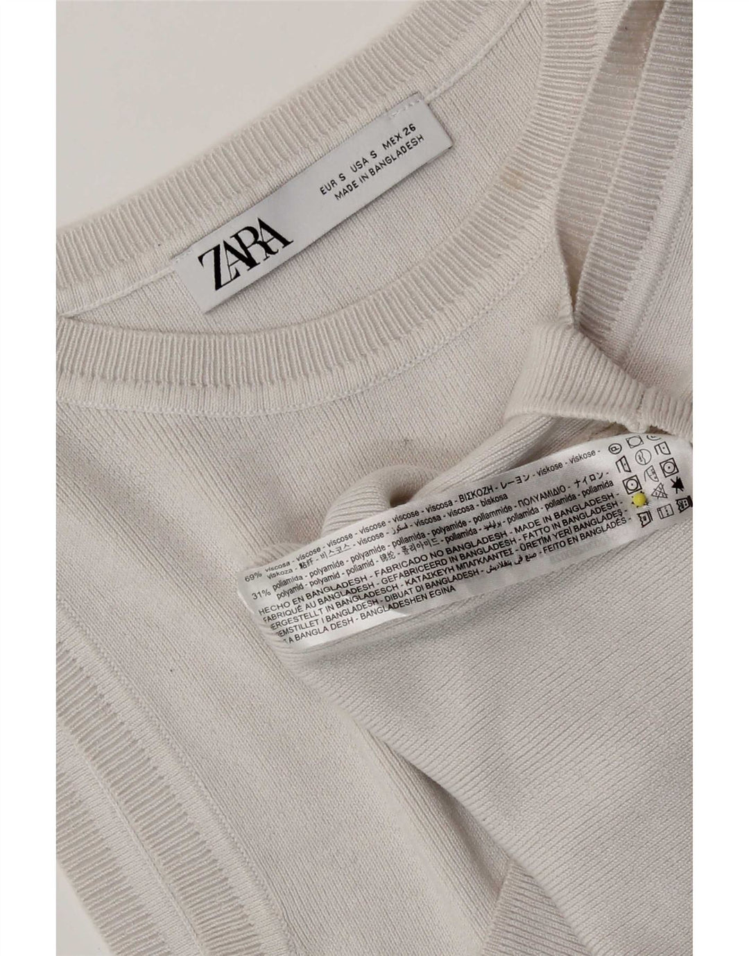 Zara Femme Pull Crop Top UK 8 Petit Viscose Blanc Cassé
