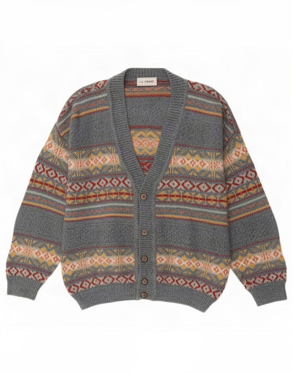 vintage Mens Cardigan Pull Grand Gris Fair Isle Acrylique