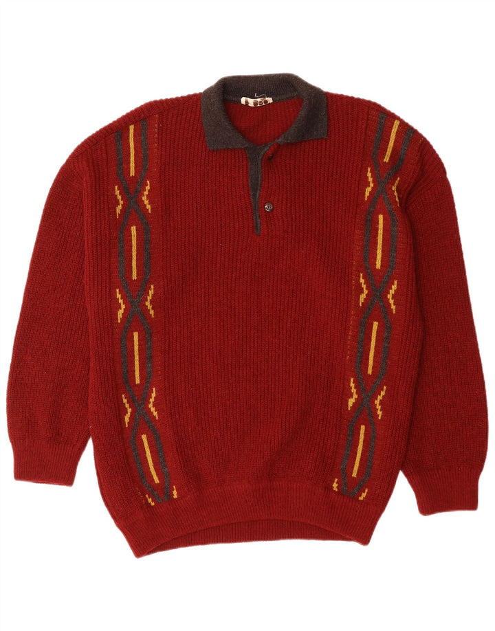 VINTAGE Pull col polo homme grand rouge géométrique