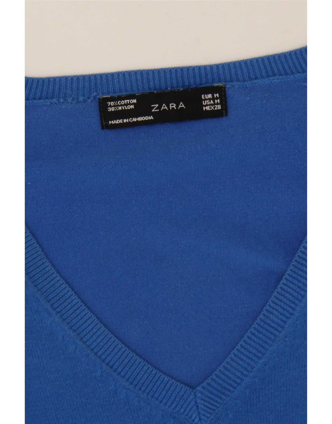Zara Pull col en V pour femme UK 12 Bleu moyen Coton