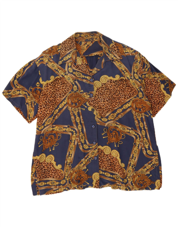 vintage Femmes Motif Abstrait Chemise Blouse UK 18 XL Bleu Marine