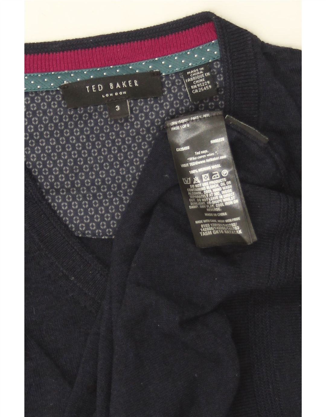TED BAKER Pull col V pour homme Taille 3 Laine mérinos bleu marine moyen