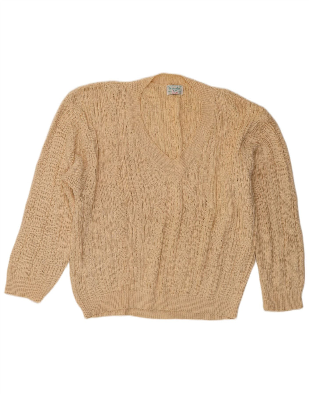 Benetton Pull Col V Femme IT 48 XL Beige Coton